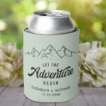 Let The Adventure Begin Sage Green Wedding Favour Can Cooler<br><div class="desc">Give a wedding toast and a fun souvenir keepsake gift to your wedding guests with this personalised rustic sage green can cooler featuring a sketch of mountains,  "Let The Adventure Begin" written in a mix of simple typography and a retro script,  and your names and wedding date.</div>