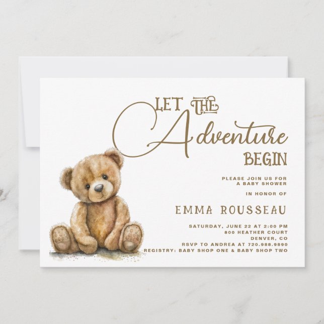 Let The Adventure Begin Teddy Bear Baby Shower Invitation (Front)