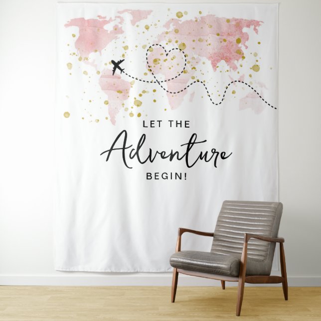"Let The Adventure Begin!" Travel Map Baby Shower Tapestry (In Situ)