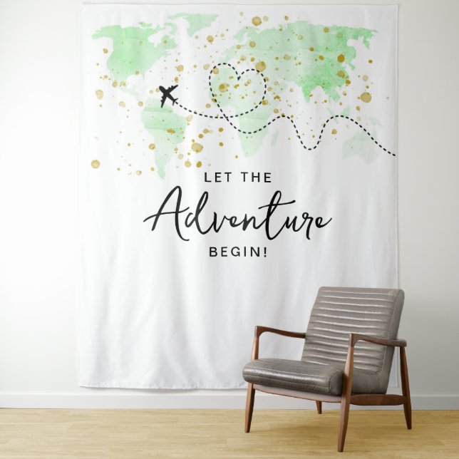 "Let The Adventure Begin!" Travel Map Baby Shower Tapestry (In Situ)