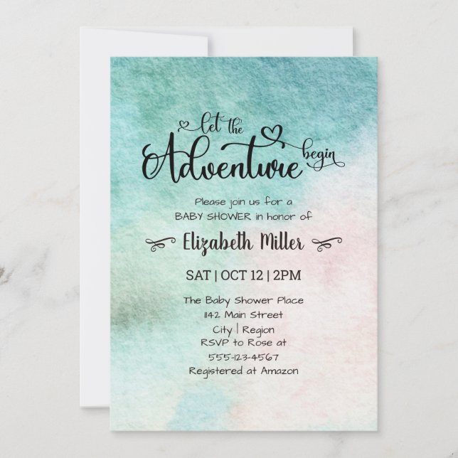 Let The Adventure Begin Watercolor Baby Shower Invitation (Front)