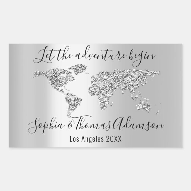 Let The Adventure Begin Wedding  World Map Grey Rectangular Sticker (Front)