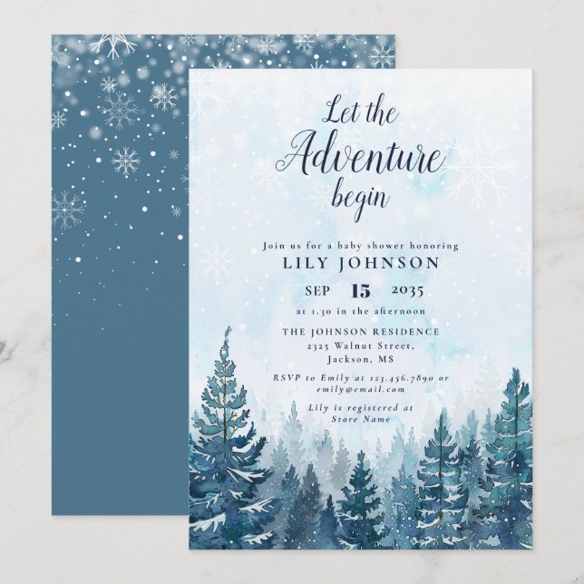 Let The Adventure Begin Winter Forest Baby Shower Invitation (Front/Back)