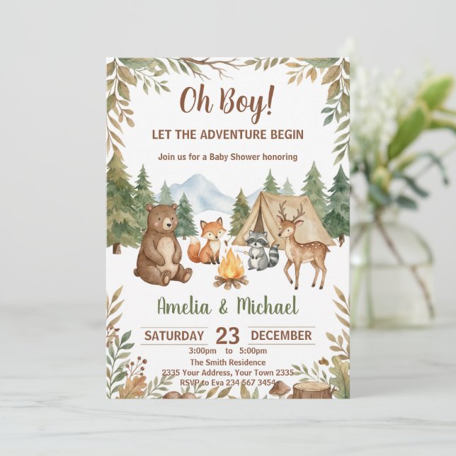 Let the Adventure Begin Woodland Boy Baby Shower Invitation (Standing Front)
