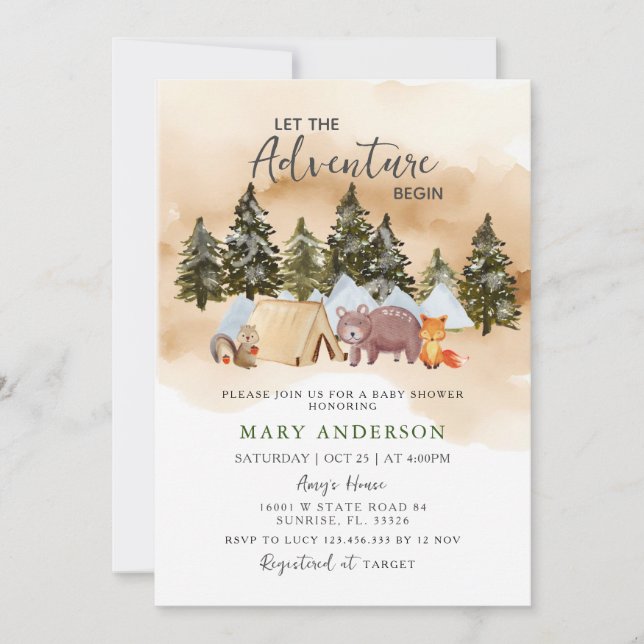 Let The Adventure Woodland Baby Shower Invitation (Front)