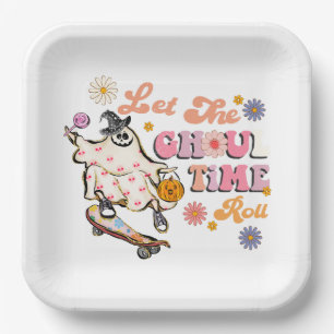 Let the Ghoul Time Roll Retro Halloween Paper Plate