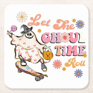 Let the Ghoul Time Roll Retro Halloween Square Paper Coaster
