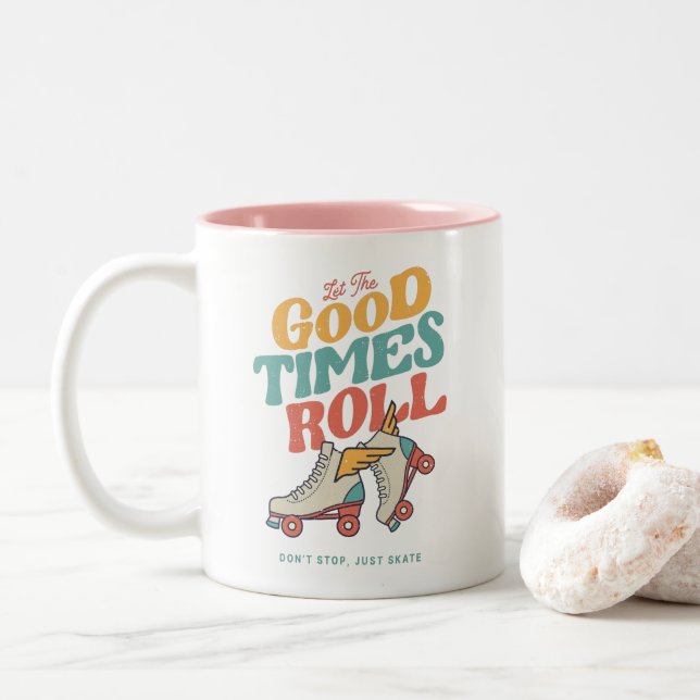 LET THE GOOD TIMES ROLL 80s RETRO ROLLER SKATE Two-Tone Coffee Mug (With Donut)