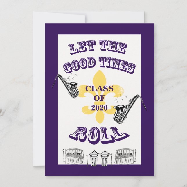 Let the Good Times Roll Graduation Party Purple Invitation (Front)