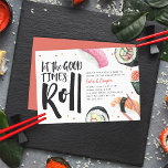 Let The Good Times Roll Sushi Engagement Party Invitation<br><div class="desc">Invite friends and family to your engagement celebration with these awesome sushi themed engagement party invitations featuring watercolor illustrations of nigiri and sushi rolls. "Let the good times roll" appears to the left in hand sketched lettering. Personalise with your party details using the template fields.</div>