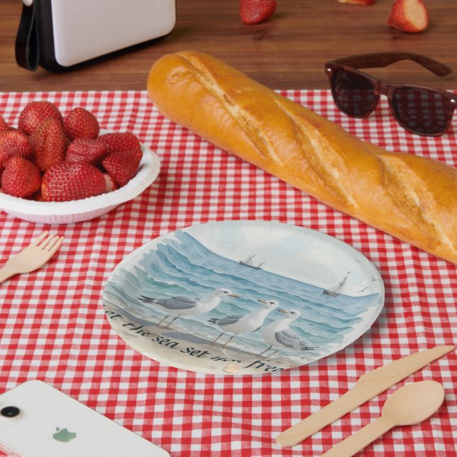 Let the Sea Set You Free – Beach and Seagull Water Paper Plate (Picnic)