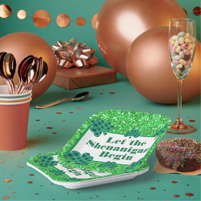 Let the Shenanigans Begin green sparkle clover Paper Plate (Multi)