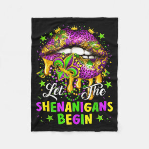 Let The Shenanigans Begin Mardi Gras Lips Girl Wom Fleece Blanket