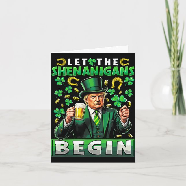 Let The Shenanigans Begin St Patricks Day Shamrock Card (Front)