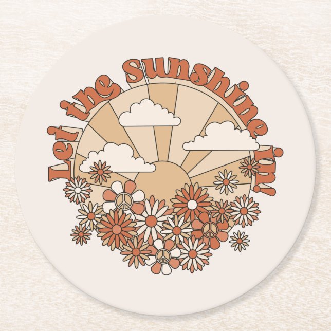 Let the Sunshine In Groovy Daisy Hippie Flowers Round Paper Coaster (Front)