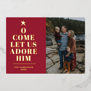Let Us Adore Him Tree & Star Red Typography Photo Foil Holiday Card
