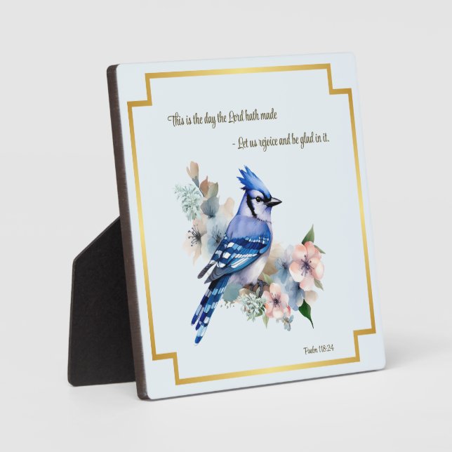 Let us Rejoice Bible verse Song Bird Blue Jay Art Plaque (Front)