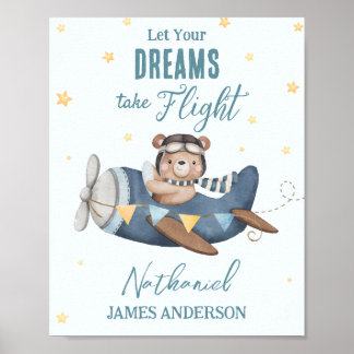 Let Your Dream Take Flight Cute Bear Blue Plane Poster