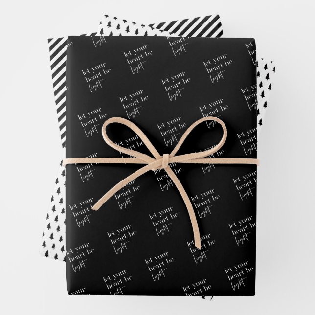 Let Your Heart Be Light Black Christmas Wrapping Paper Sheet (In situ)
