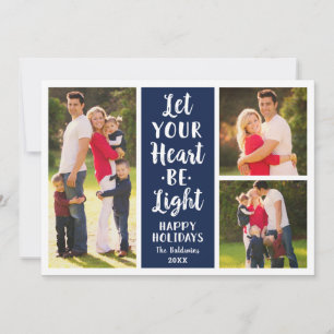 Let Your Heart Be Light Navy Modern Photo Collage Holiday Card