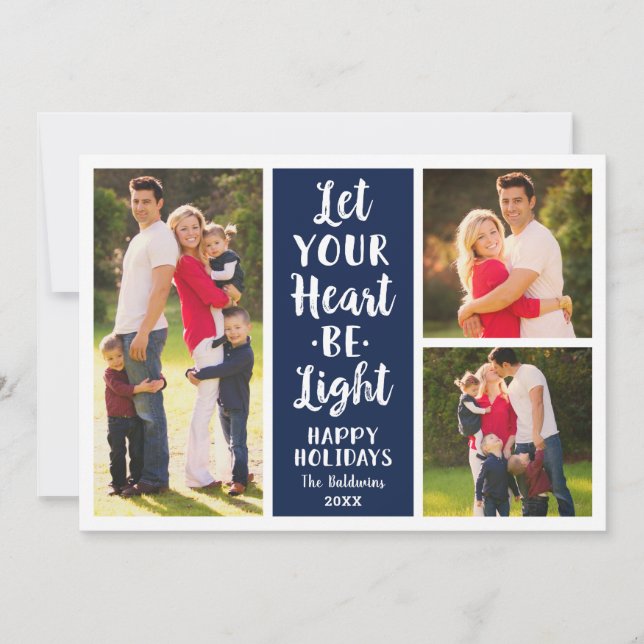 Let Your Heart Be Light Navy Modern Photo Collage Holiday Card (Front)