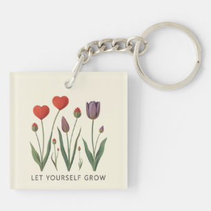 Let Yourself Grow Floral Heart Tulips Art Key Ring