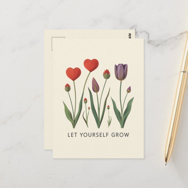 Let Yourself Grow Floral Heart Tulips Art Postcard (Front/Back In Situ)