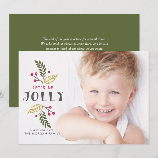 Let's Be Jolly Floral Christmas Baby Photo Holiday Card (Front/Back)