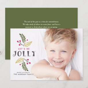 Let's Be Jolly Floral Christmas Baby Photo Holiday Card