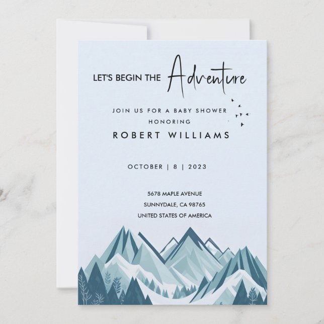 Let's begin the adventure mountain boy baby shower invitation (Front)