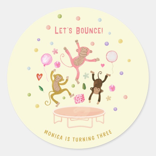 Let's bounce jumping monkeys kids birthday classic round sticker (Front)