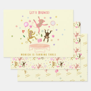 Let's bounce jumping monkeys kids birthday wrapping paper sheet