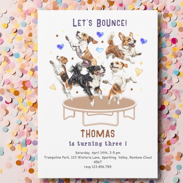 Let's bounce jumping trampoline park dogs birthday invitation (Creator Uploaded)