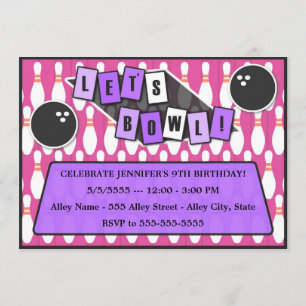 Let's Bowl Bowling Party Birthday Invitation pink