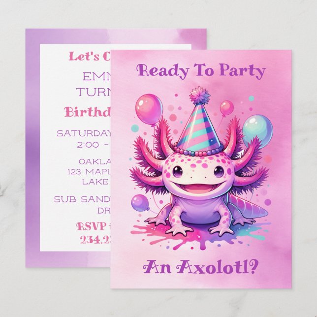 Let's Celebrate Axolotl Girl's Birthday Party Postcard (Front/Back)