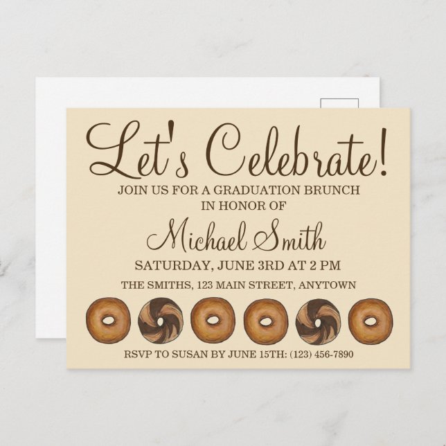 Let's Celebrate Bagel Graduation Party Brunch Invitation Postcard (Front/Back)