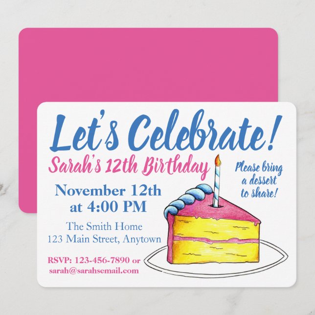 Let's Celebrate Birthday Cake Candle Pink Yellow Invitation (Front/Back)