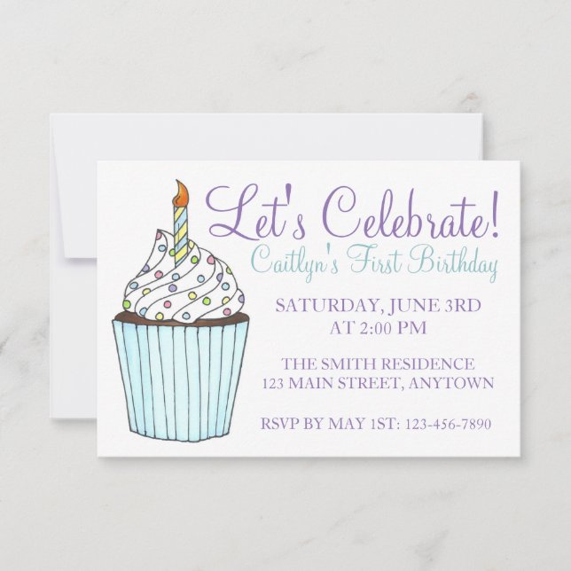 Let's Celebrate Birthday Party Blue Cupcake Cake Invitation (Front)