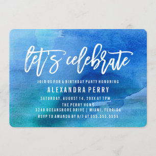 Let's Celebrate Birthday Party Blue Watercolor Invitation