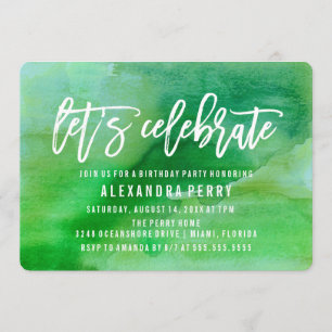 Let's Celebrate Birthday Party Green Watercolor Invitation