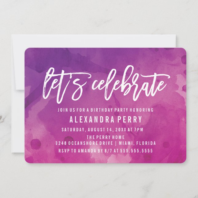 Let's Celebrate Birthday Party | Purple Watercolor Invitation (Front)