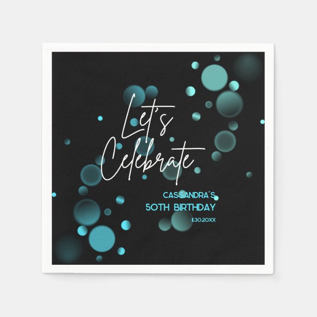 Let's Celebrate Blue Bokeh Gradient Black Birthday Napkin (Front)