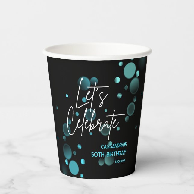 Let's Celebrate Blue Bokeh Gradient Black Birthday Paper Cups (Back)