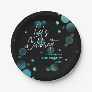Let's Celebrate Blue Bokeh Gradient Black Birthday Paper Plate