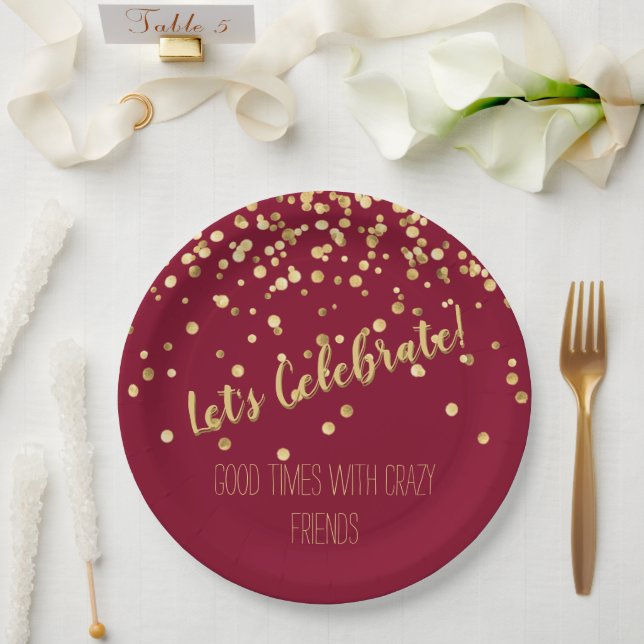 Lets Celebrate Burgundy Gold Confetti Paper Plate (Wedding)