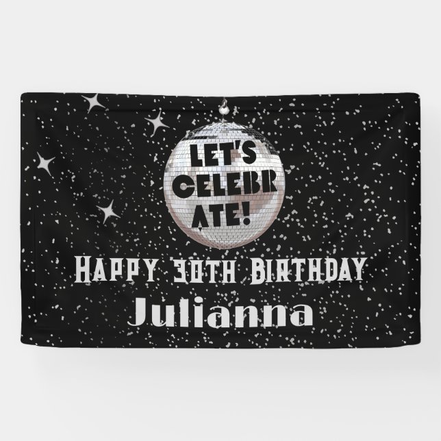 Let's Celebrate Disco Ball Black Birthday Banner (Horizontal)