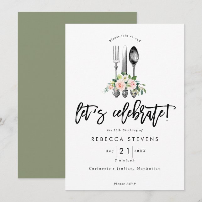 let's celebrate floral cutlery birthday party invitation (Front/Back)