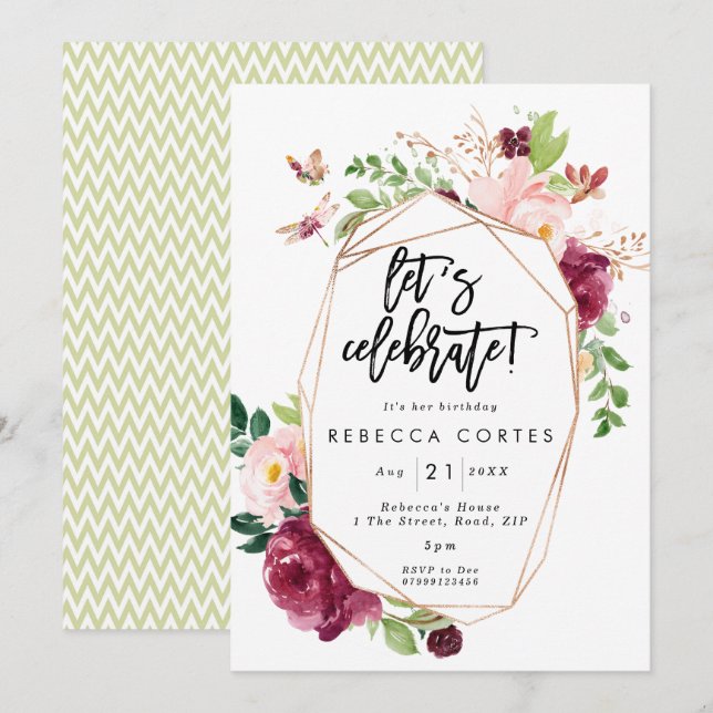 let's celebrate geometric floral birthday invitation (Front/Back)