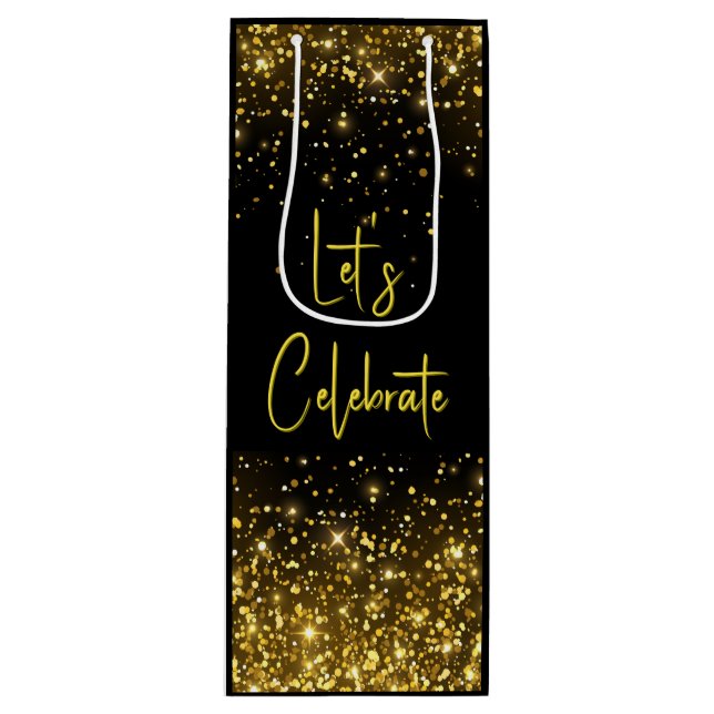 Let's Celebrate Glam Gold Glitter Wine Tote Wine Gift Bag (Front)