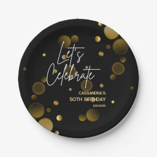 Let's Celebrate Gold Bokeh Gradient Black Birthday Paper Plate
